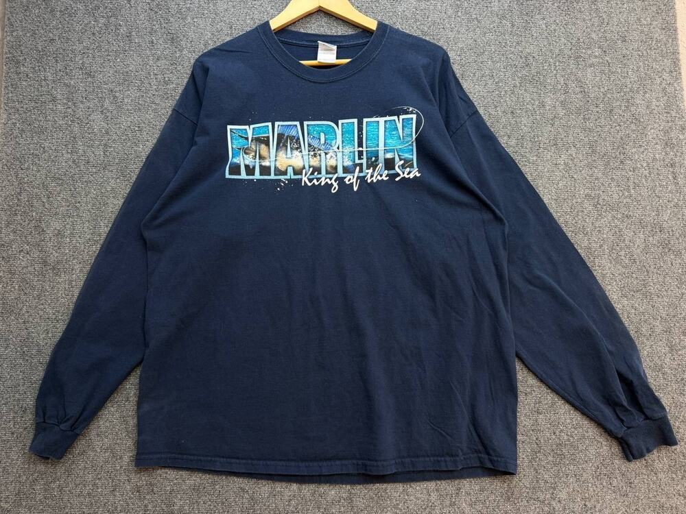 Gildan Marlin King of the Sea Men's 2XL Navy Long Sleeve Fishing T-Shirt
